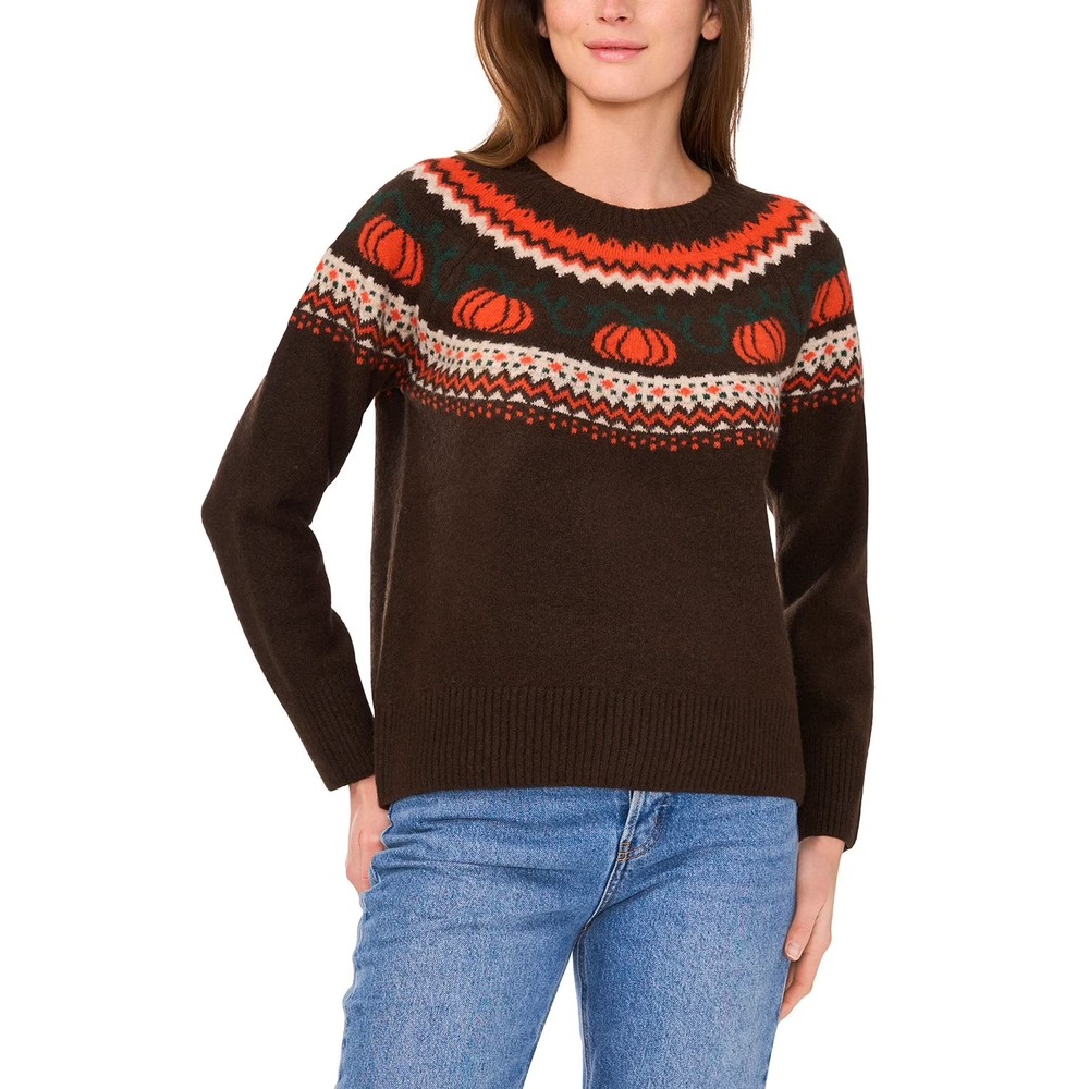 NWT Vince Camuto Womens Halloween Pumpkin Fair Isle Sweater Brown Size M